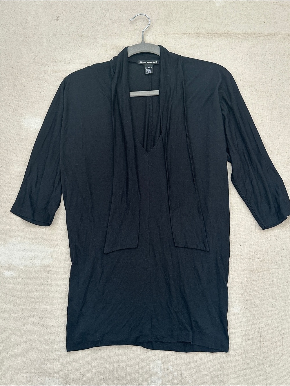 Club Monaco Black 100% Modal Batwing Scarf Tie V-Neck Top Tunic Small - Picture 1 of 7